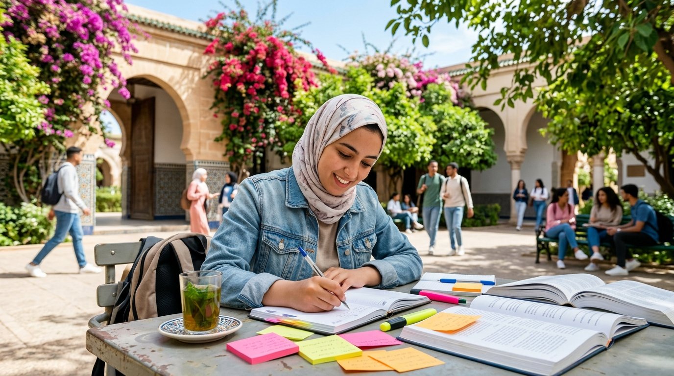 يد تكتب بقلم على دفتر مفتوح فوق مكتب، في جو يوحي بالتحضير للامتحان الكتابي