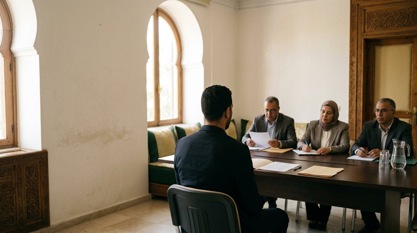مترشحة تجلس في مواجهة محاور خلال مقابلة